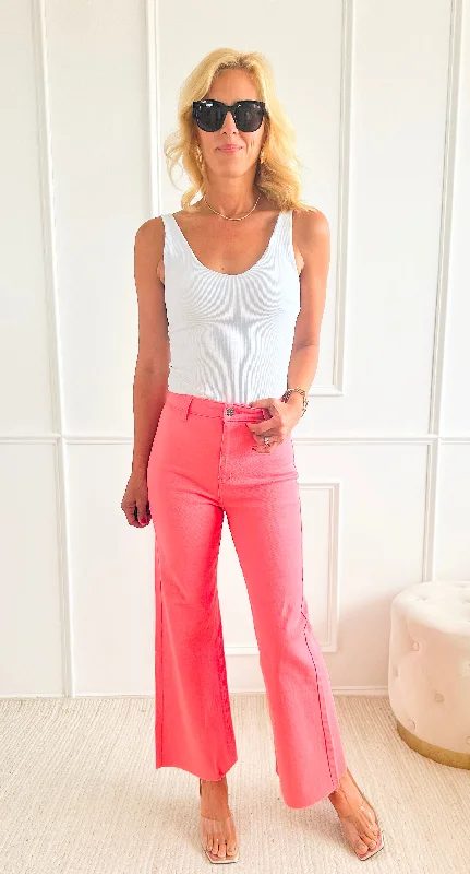 Stretch Wide Leg High Rise Cropped Denim Jean - Flamingo Pink