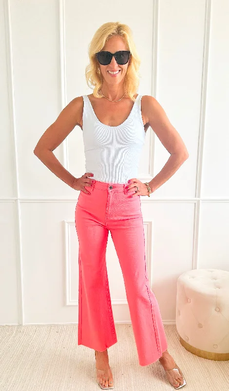 Stretch Wide Leg High Rise Cropped Denim Jean - Flamingo Pink