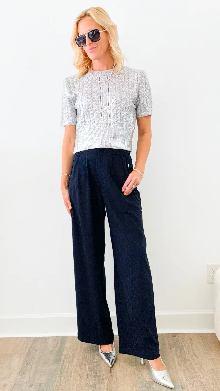 Wide Leg Pleated Pants-Navy