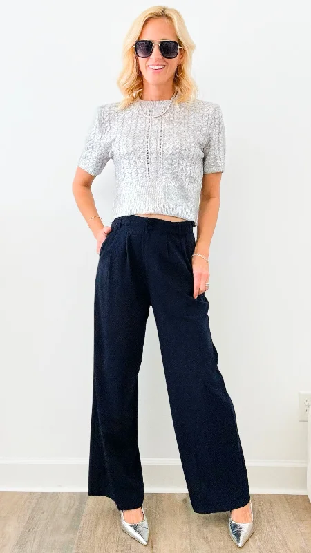 Wide Leg Pleated Pants-Navy