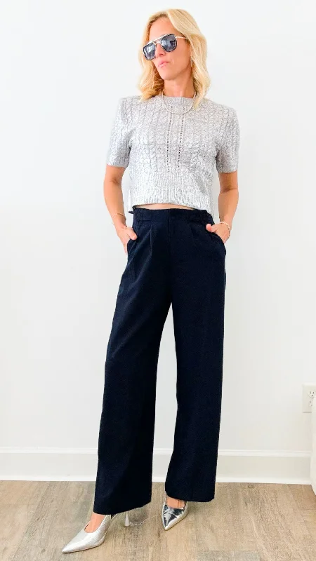 Wide Leg Pleated Pants-Navy