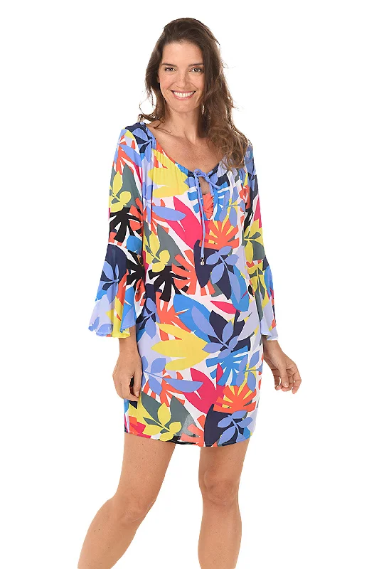 Tropic Stamp Bell Sleeve Tunic Cover-Up