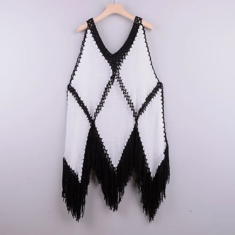 Women's Acrylic Wave Print Fringed Suspender Beachwear Cover Up