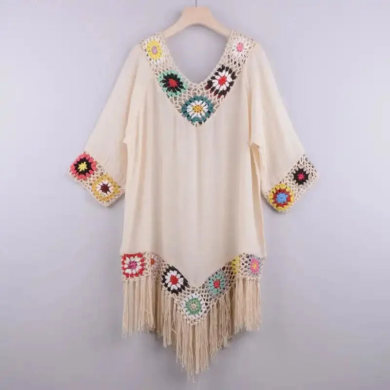 Women’s Embroidered Three Quarter Sleeve Cotton Fringe Cover-up Dress