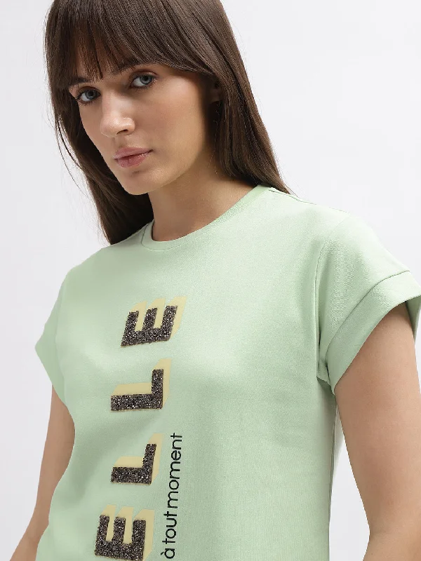 Elle Women Green Printed Round Neck Short Sleeves T-Shirt