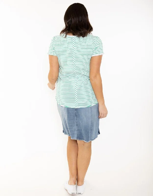 Remi Stripe Vee Tee - White/Green Stripe