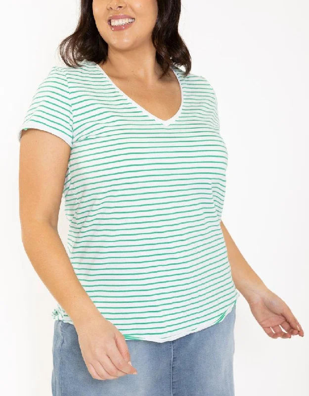 Remi Stripe Vee Tee - White/Green Stripe