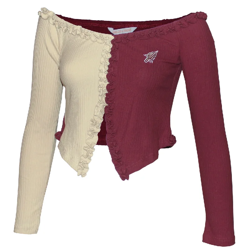 Emerson Street Women's Arrowhead Logo Ribbed Long Sleeve Off the Shoulder Crop - Garnet/Gold