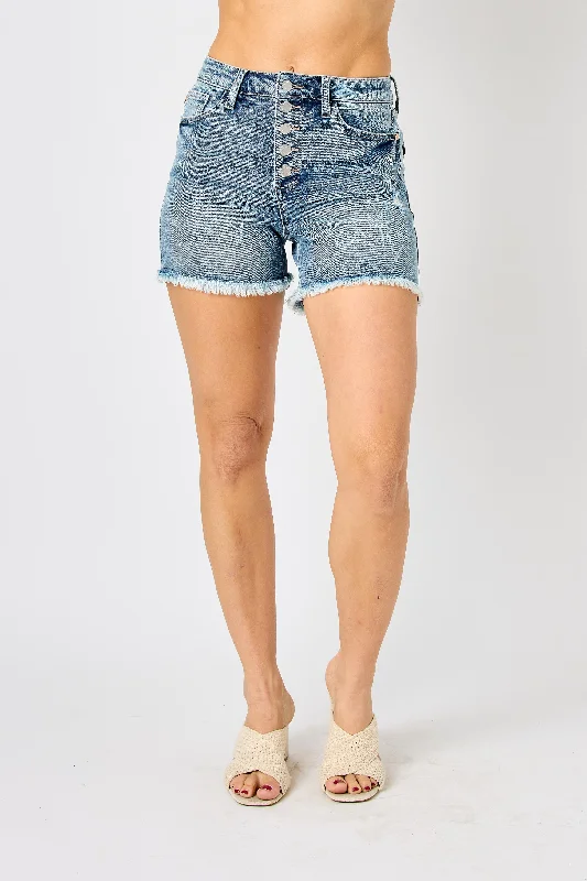 Button Fly Frayed Hem Shorts