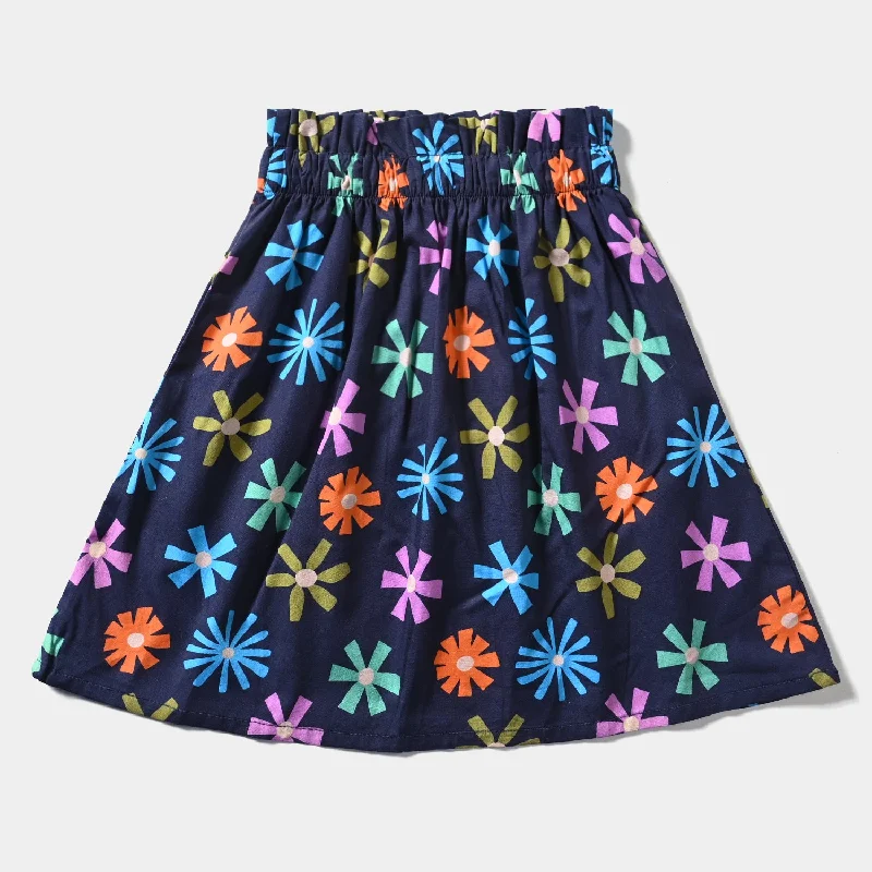 Girls Cotton Poplin Short Skirt Fan Flowers-Blue