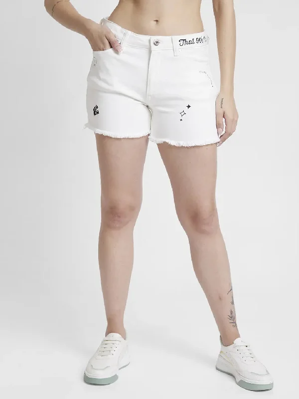 Spykar Women White Cottom Slim Fit Above Knee Length Denim Shorts