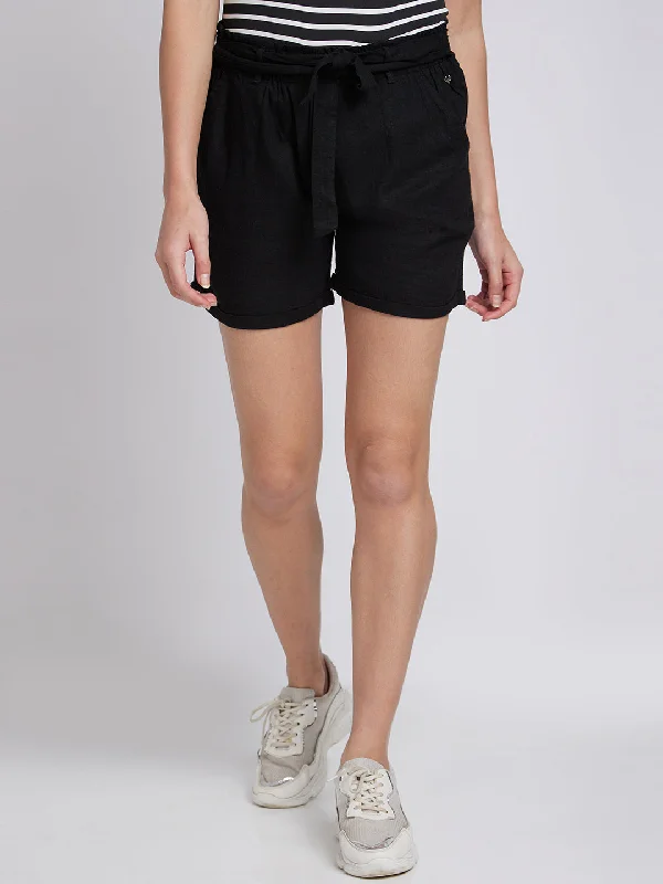 Spykar Women Black Cotton Blend Regular Fit Shorts