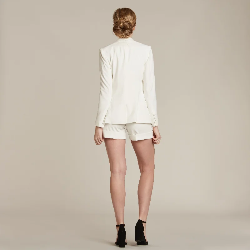 Pearl White Pleated Cuffed Tuxedo Shorts