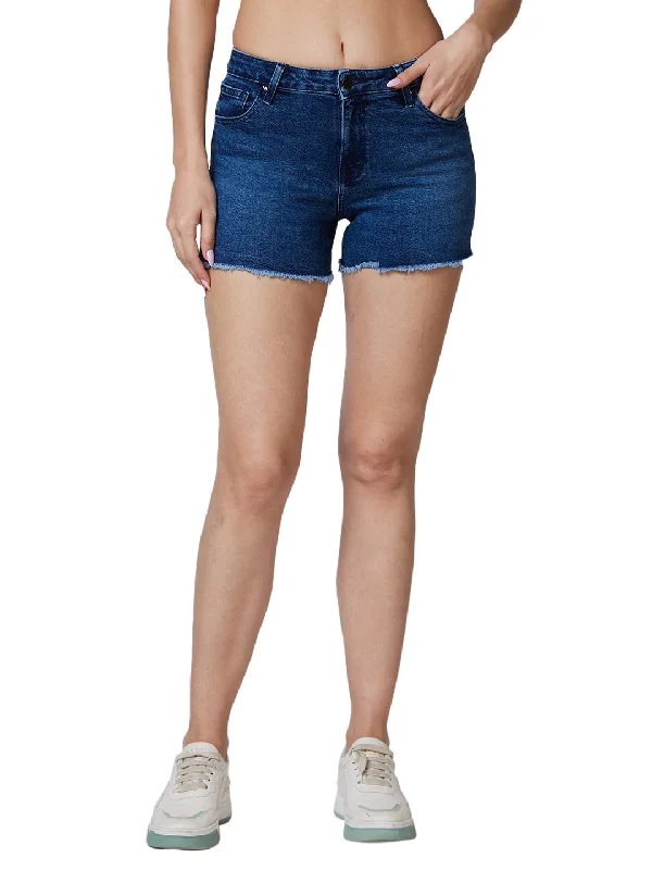 Spykar Mid Rise Blue Shorts For Women