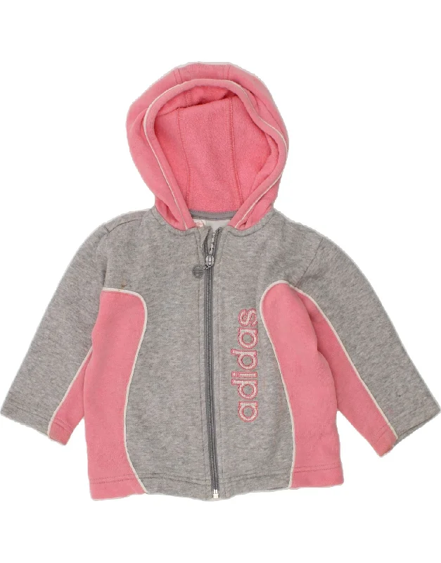 ADIDAS Baby Girls Graphic Zip Hoodie Sweater 9-12 Months Grey Colourblock