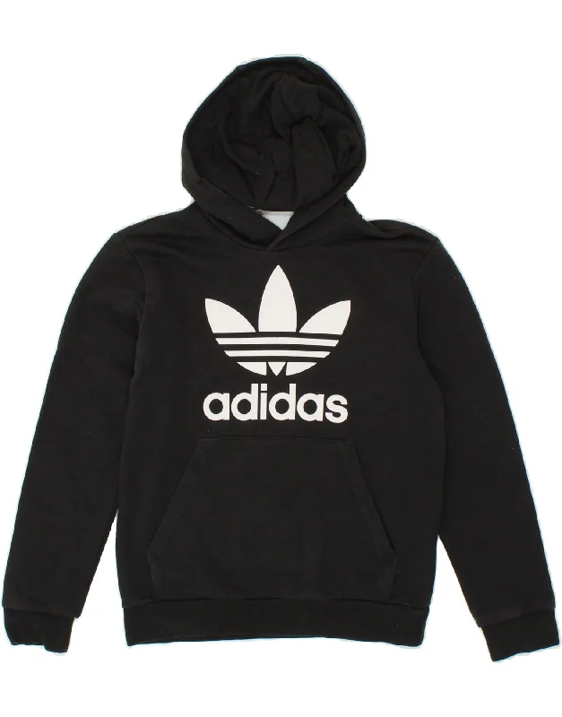 ADIDAS Boys Graphic Hoodie Jumper 9-10 Years Black Cotton