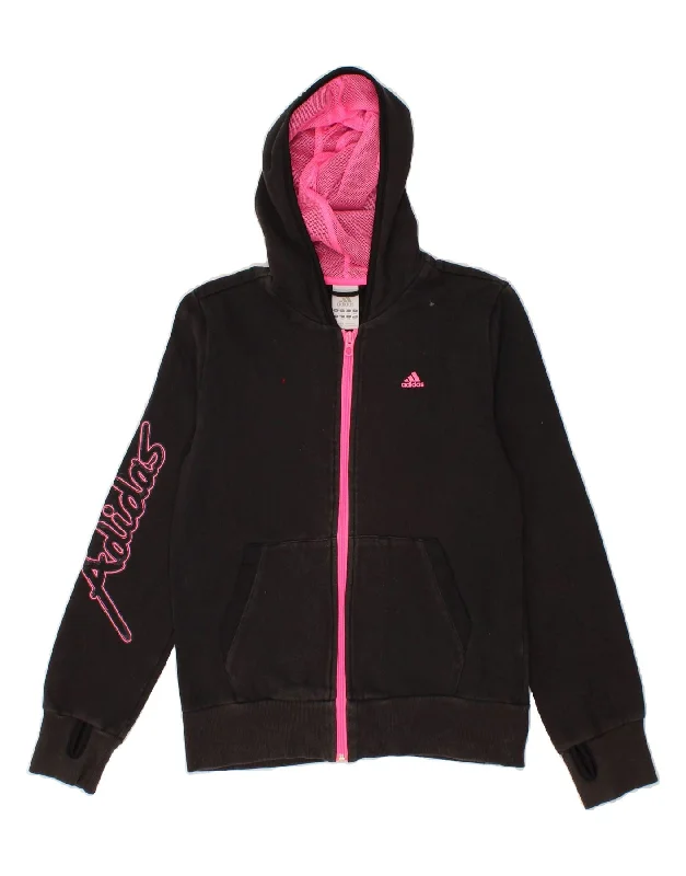 ADIDAS Girls Graphic Zip Hoodie Sweater 13-14 Years Black Cotton