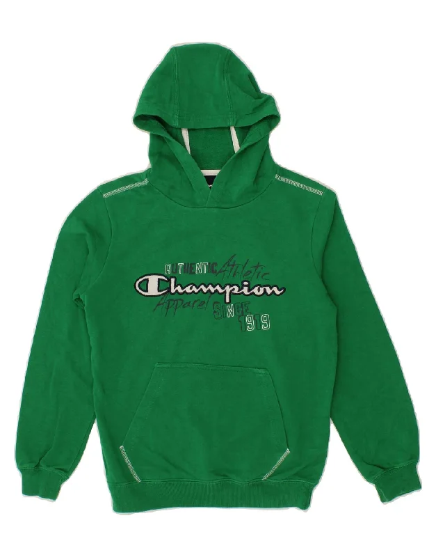 CHAMPION Boys Graphic Hoodie Jumper 9-10 Years Medium Green Cotton