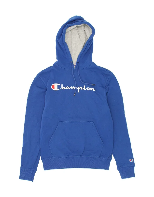 CHAMPION Mens Graphic Hoodie Jumper Small Blue Cotton