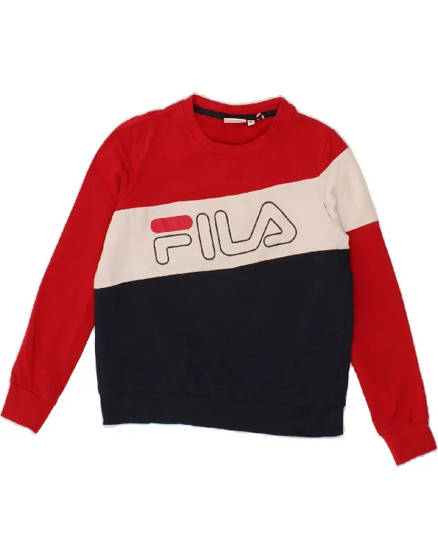 FILA Womens Crop Graphic Sweatshirt Jumper UK 6 XS Red Colourblock Cotton