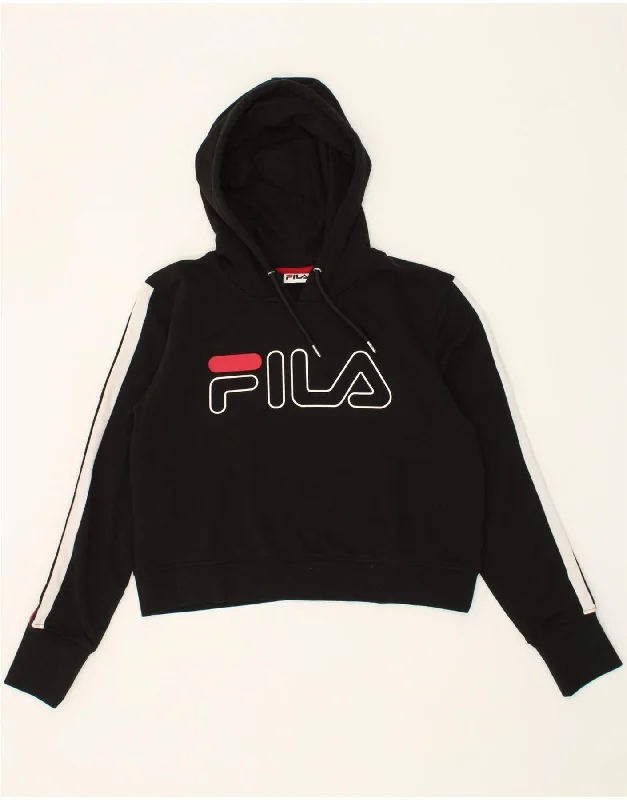 FILA Womens Graphic Hoodie Jumper UK 16 Large Black Cotton