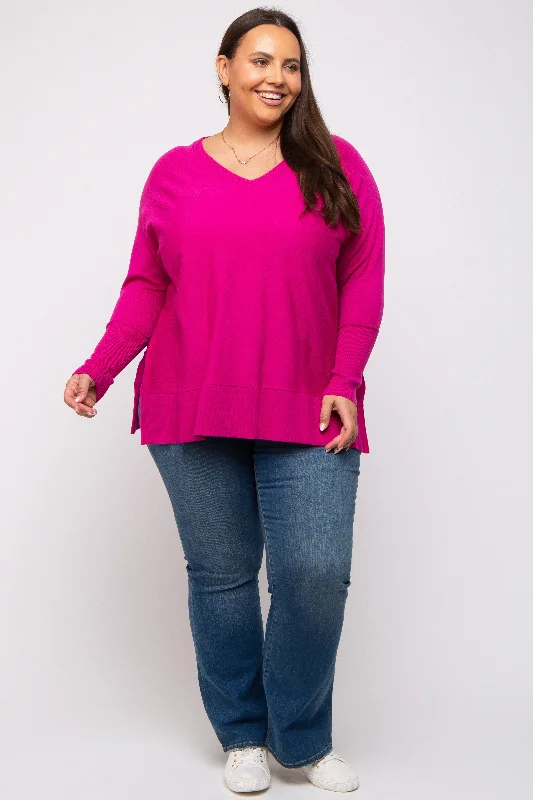 Fuchsia Knit Long Dolman Sleeve Plus Top