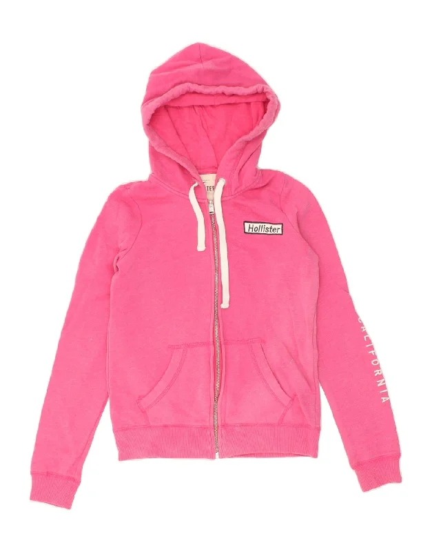 HOLLISTER Womens Graphic Zip Hoodie Sweater UK 6 XS Pink Cotton