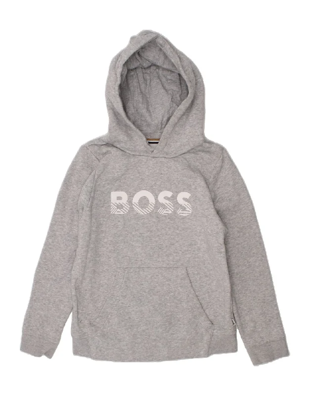 HUGO BOSS Boys Graphic Hoodie Jumper 7-8 Years Grey Cotton