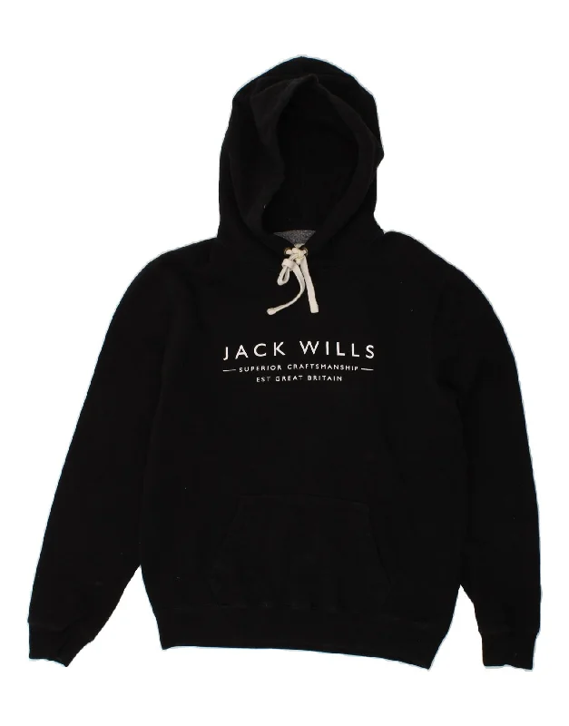 JACK WILLS Mens Graphic Hoodie Jumper Medium Black Cotton