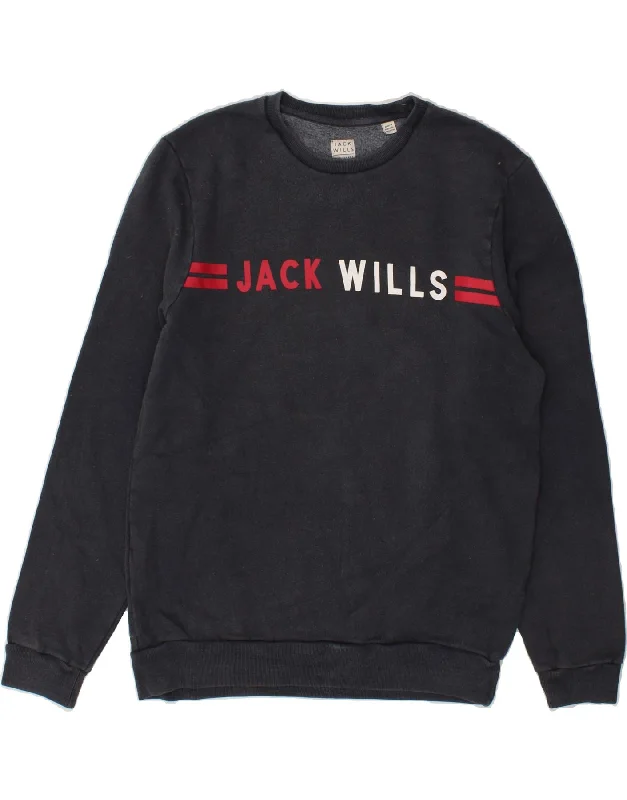 JACK WILLS Mens Graphic Sweatshirt Jumper Medium Navy Blue Cotton