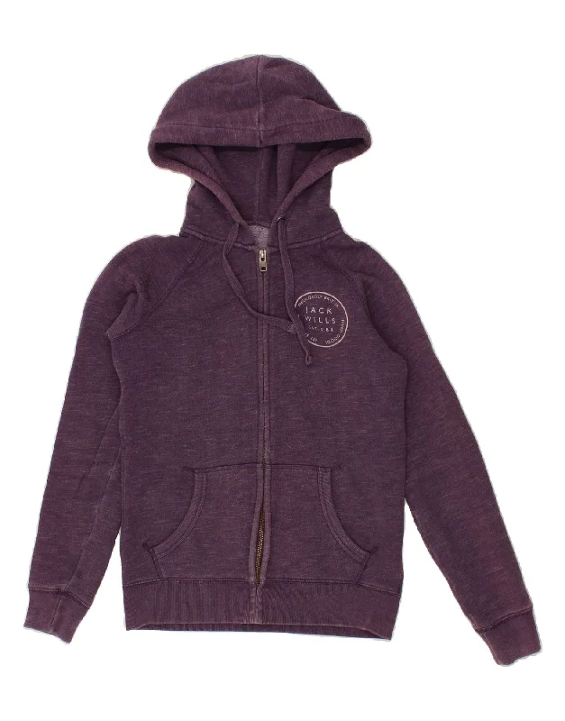 JACK WILLS Womens Graphic Zip Hoodie Sweater UK 6 XS Purple Flecked Cotton