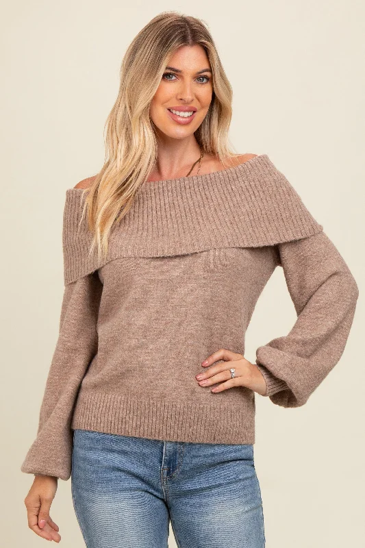 Mocha Off Shoulder Foldover Sweater