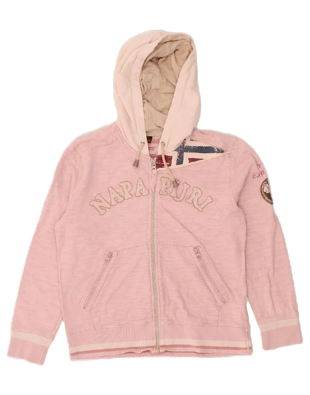 NAPAPIJRI Girls Graphic Zip Hoodie Sweater 9-10 Years Pink Cotton