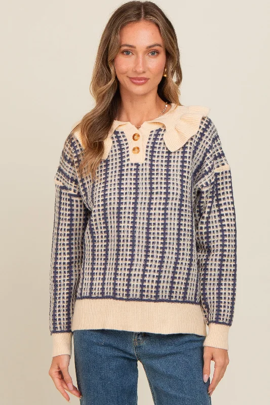 Navy Blue Ruffle Collar Button Up Waffle Knit Sweater