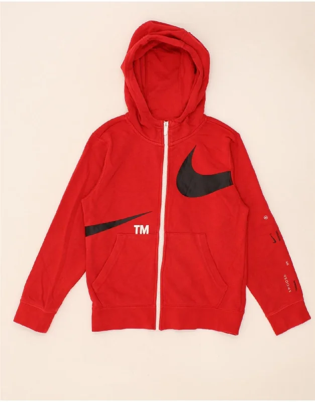 NIKE Boys Swoosh Graphic Zip Hoodie Sweater 10-11 Years Medium  Red Cotton