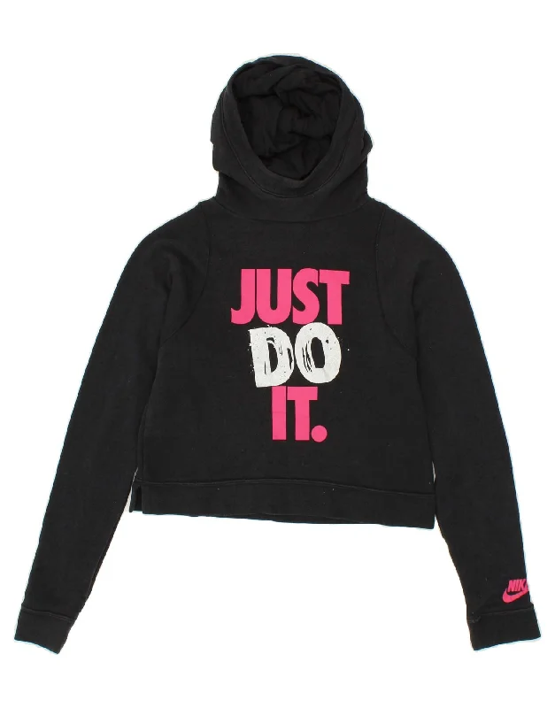 NIKE Girls Crop Graphic Hoodie Jumper 13-14 Years XL Black Cotton