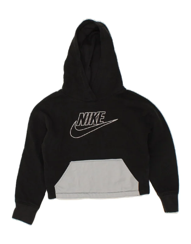 NIKE Girls Crop Graphic Hoodie Jumper 6-7 Years Large Black Colourblock