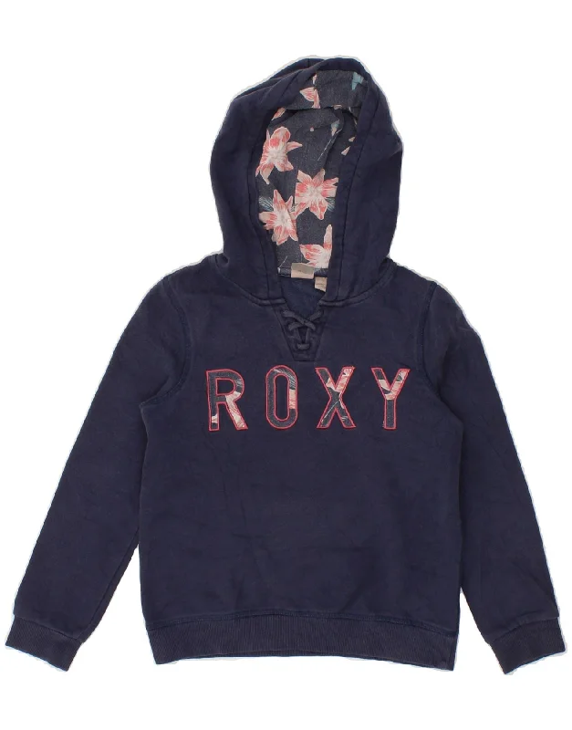 ROXY Girls Graphic Hoodie Jumper 9-10 Years Medium Navy Blue Cotton