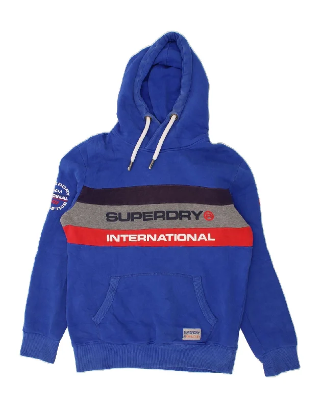 SUPERDRY Mens Graphic Hoodie Jumper Medium Blue Colourblock Cotton