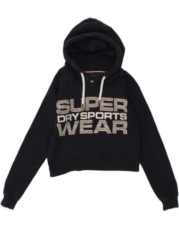 SUPERDRY Womens Crop Graphic Hoodie Jumper UK 12 Medium  Navy Blue Cotton