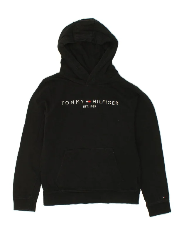 TOMMY HILFIGER Boys Graphic Hoodie Jumper 12-13 Years Black Cotton