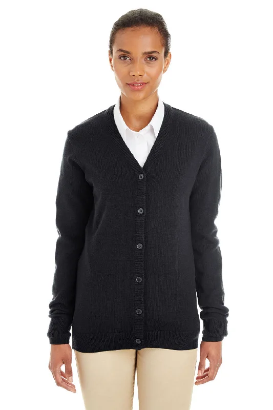 Harriton Womens Pilbloc Pill Resistant Button Down Lone Sleeve Cardigan Sweater - Black