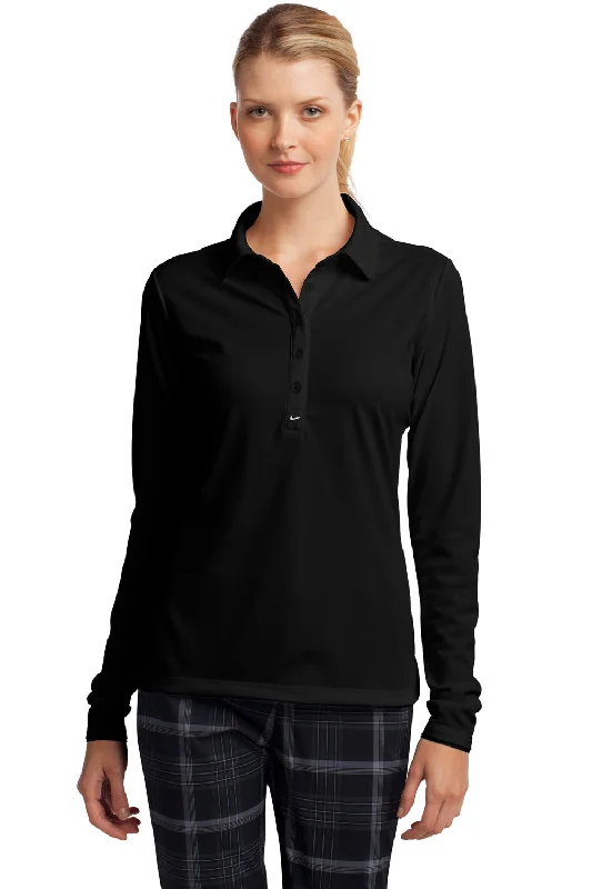 Nike Womens Stretch Tech Dri-Fit Moisture Wicking Long Sleeve Polo Shirt - Black