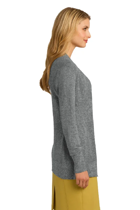 Port Authority Womens Long Sleeve Cardigan Sweater - Heather Medium Grey