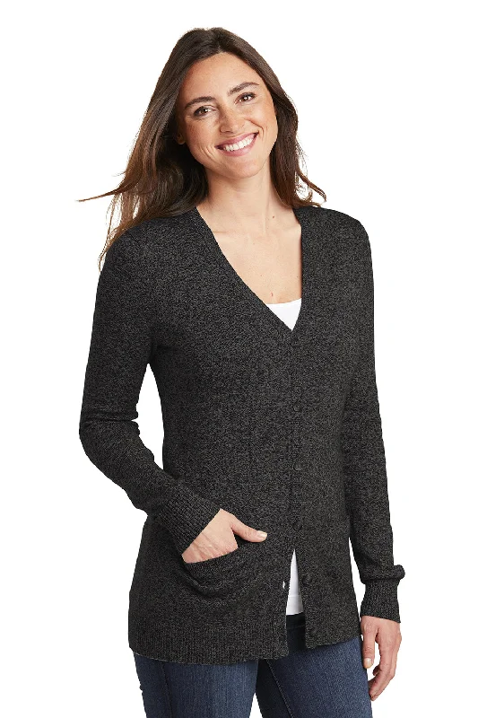 Port Authority Womens Long Sleeve Cardigan Sweater - Black Marl