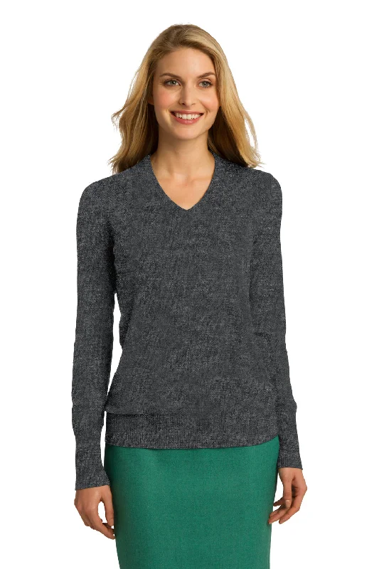 Port Authority Womens Long Sleeve V-Neck Sweater - Heather Charcoal Grey