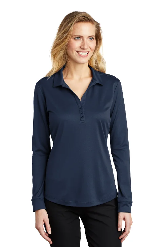 Port Authority Womens Silk Touch Performance Moisture Wicking Long Sleeve Polo Shirt - Navy Blue