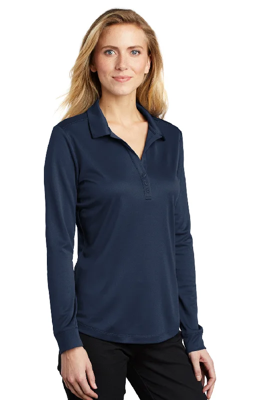 Port Authority Womens Silk Touch Performance Moisture Wicking Long Sleeve Polo Shirt - Navy Blue