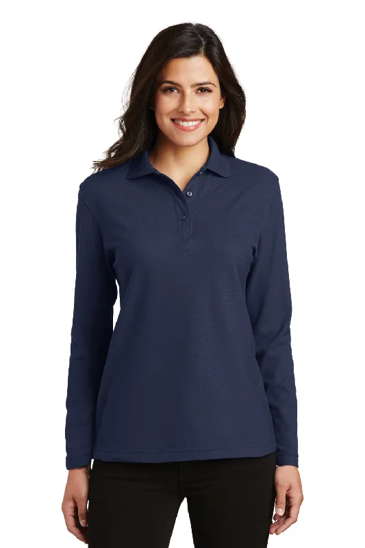 Port Authority Womens Silk Touch Wrinkle Resistant Long Sleeve Polo Shirt - Navy Blue