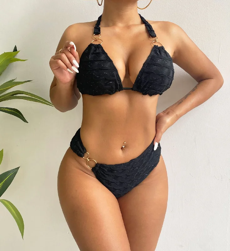 Black Sexy Women'S Lace-Up Halter Neck Backless Bikini Twisted bikini top, Sexy, Trendy, Stylish